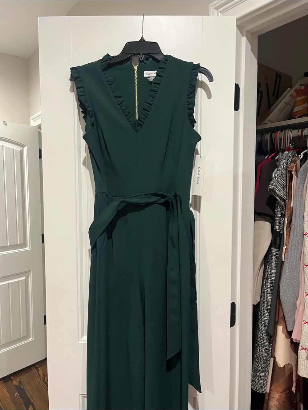 Calvin Klein Dark Green Ruffle V-Neck Maxi Dress